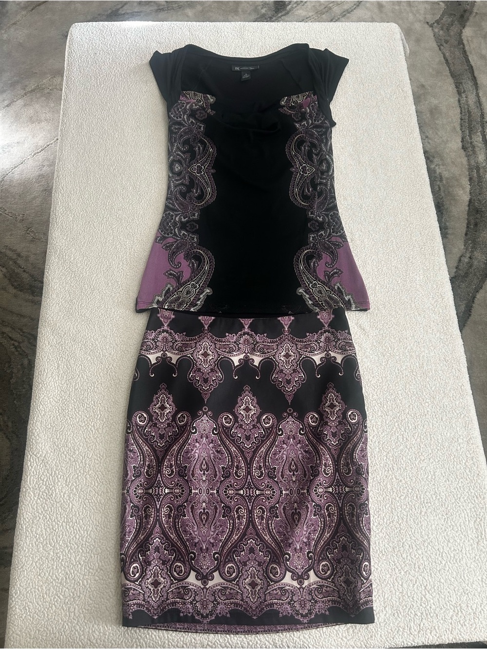 INC International Concepts Black and Purple Paisley Skirt Set